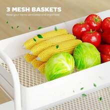 3-Tier Storage Trolley On Wheels, Rolling Utility Cart With Mesh Backets Kitchen, Bathroom, Bedroom, White On-Site - White + Metal - View 4