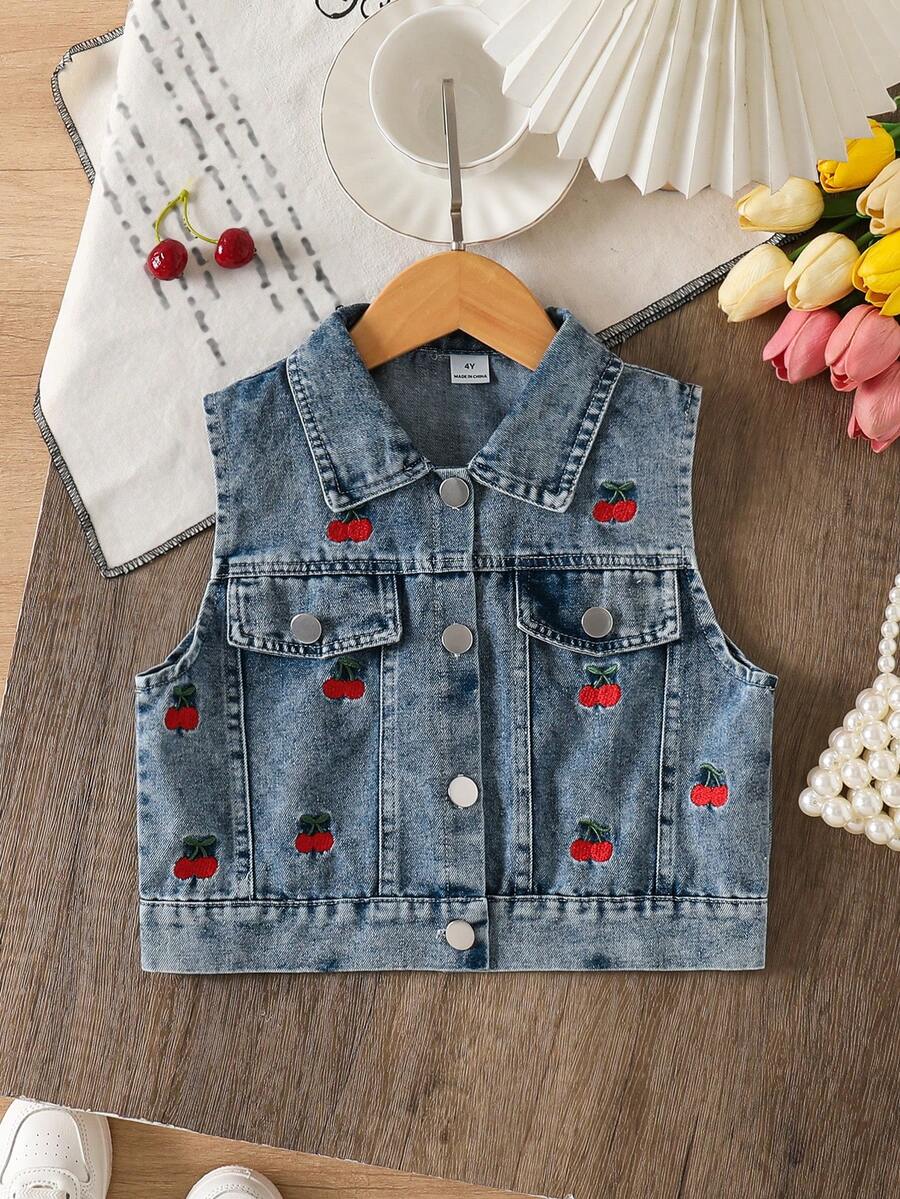 1pc Girls Blue Casual Cherry Decor Cardigan Vest Autumn - Blue - View 1