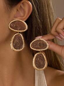 1 Pair Elegant Vintage Exaggerated Brown Marble Pattern Teardrop Earrings, Gold Frame Geometric Asymmetrical Earrings, Suitable For Women's Daily, Evening, Party Wear - Brown - View 1