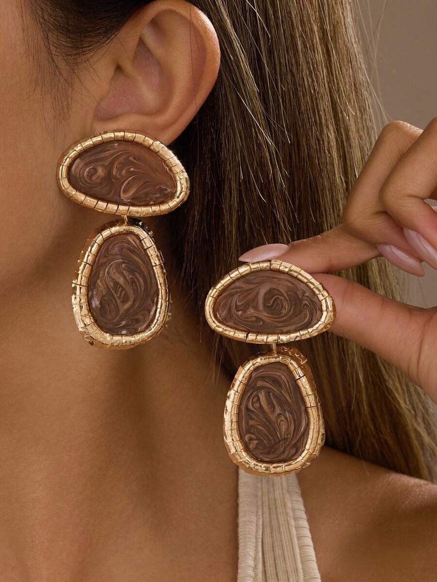 1 Pair Elegant Vintage Exaggerated Brown Marble Pattern Teardrop Earrings, Gold Frame Geometric Asymmetrical Earrings, Suitable For Women's Daily, Evening, Party Wear - Brown - View 1