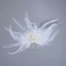 1pc Bridal Hair Accessory Feather Faux Pearl Handmade Hair Comb For Party Wedding - Silver - View 5