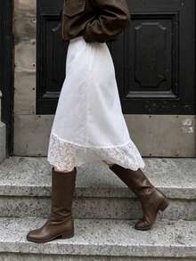 Elegant Lace Patchwork Solid Color Satin Skirt - White - View 2