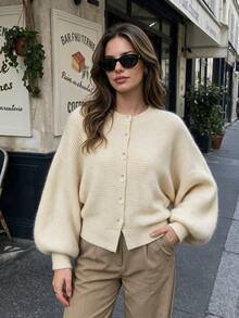 Women's Fall Fuzzy Knit Cardigan Round Neck Button Down Puff Long Sleeve Autumn Sweater Coat - Apricot - View 8