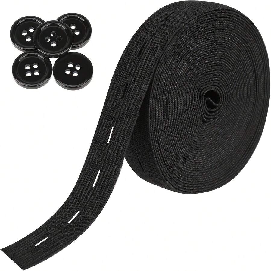 Tali Elastis 3/4 Inci, Gulungan Pita Rajut Elastisitas Tinggi, Cocok untuk Menjahit, Dapat Mengencangkan Pinggang, Dilengkapi dengan 5 buah Kancing Putih 18mm, Cocok untuk Kerajinan Tangan DIY