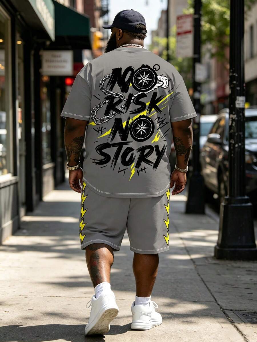 Plus Size Men's Compass Chain & Letter Print Crew Neck Short Sleeve Top And Drawstring Shorts Set, Streetwear Style, Comfortable & Versatile, Suitable For Casual Daily Wear - Grey - View 1
