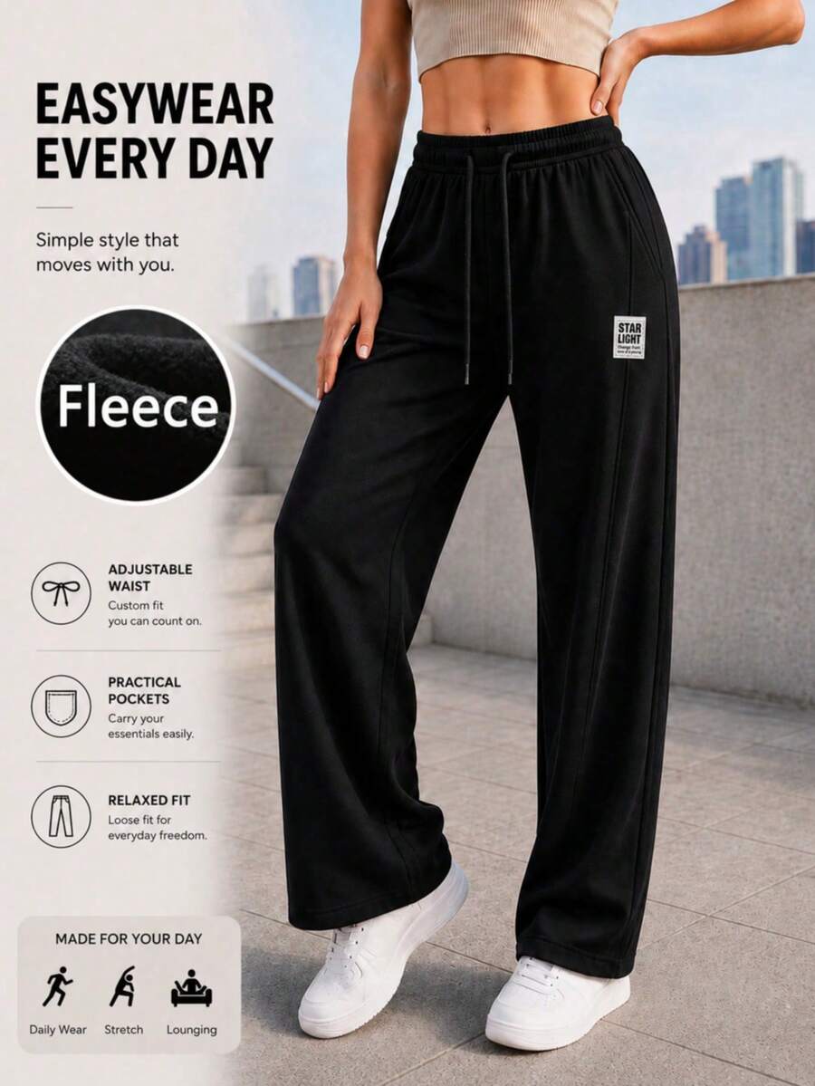 Women High Waist Thermal Lined Wide Leg Sweatpants Drawstring Casual Pants With Pockets Relaxed Fit For Everyday Wear. - Black - View 1