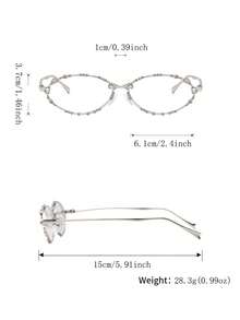1 Pair Men's Full Frame Silver Oval Rhinestone Embellished Plano Glasses, Luxurious Eye-Catching Exquisite Sophisticated Fashionable Eyewear, Suitable For High-End Business And Social Occasions - Clear - View 8