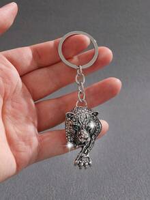 1pc Fashion European And American Retro Personalized Hip Hop Animal Leopard Head Keychain Bag Charm, Suitable For Men's Car Key And Bag Decoration - Antique Silver - View 5