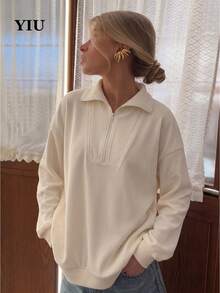 YIU Women's White Knit Quarter-Zip Pullover, Regular Long Sleeve, Casual Fashion Design - White - View 6