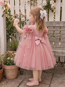 Baby Girls Thick Strap 3D Flower Mesh Cute Party Dress, Headband Not Included - Dusty Pink - View 2