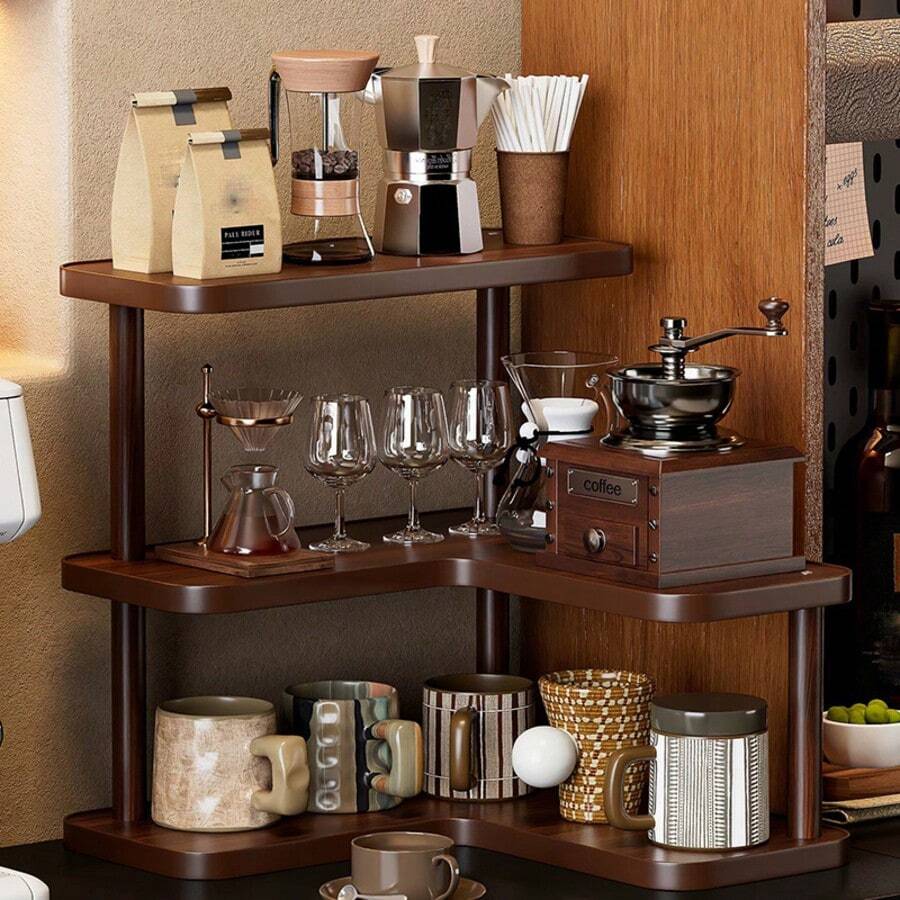 3-Tier L-Shaped Bamboo Corner Storage Rack, Multi-Functional Space-Saving Desktop Organizer, Sturdy Freestanding Display Stand, Suitable For Office Supplies, Tea Set, Spice Jars, Small Items, Ideal For Home Kitchen Bedroom, Vertical Storage Shelf