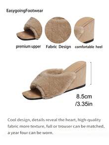 Women's Plush Wedge Heel Slide Sandals, Square Toe Open Toe Outdoor Mule Slippers - Khaki - View 10
