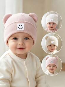 1PC Cute Cartoon Teddy Bear Ear Wool Knitted Hat With Smiling Face Pattern, Pullover Hat For Autumn And Winter, Baby Hat - Multicolor - View 1