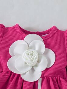 Baby Girl Red Textured Fabric Puff Sleeve 3D Floral Waist-Cinching Princess Dress - Multicolor - View 4