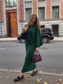 Green Cable Knit 2 Pieces Set, Round Neck Batwing Sleeve Crop Sweater & Midi Skirt Fall Matching Outfit - Green - View 10