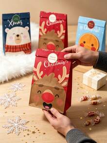 13pcs Christmas Santa Claus Print Gift Bags Set, Gingerbread Man & Christmas Tree Pattern Gift Bags With Christmas Stickers, Party Baking Flat Bottom Paper Bags, Holiday Party Favors, Photo Props, Suitable For Christmas Gift Packaging, Holiday Gifts, Holiday Celebration Decor - Multicolor - View 7