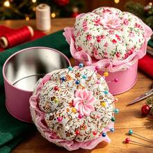 Floral Fabric Pumpkin Pin Cushion With Storage Metal Box, Vintage Floral Sewing Pin Holder, Handmade DIY Sewing Tools, Suitable For Sewing Accessories, Sewing Projects, Handicrafts, Craft Organization And Storage, Arts & Crafts, Storage Box - Floral Tin Box Style - View 6