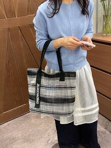 Striped Woven Tote Bag, Letter Printed Webbing Decor Large Capacity Shoulder Handbag, Wide Shoulder Strap Casual Bag For Women Daily Work School - Multicolor - View 4