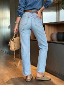Celana Kasual Denim Biru Muda Slim Fit Minimalis Bergaya Eropa dan Amerika untuk Musim Semi/Gugur - Biru muda - View 5