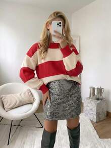 Atasan Sweater Wanita Kasual Musim Gugur/Dingin Motif Garis-garis Putih & Merah dengan Leher Bulat untuk Padu Padan Pakaian - Merah - View 9