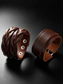 2pcs Vintage Fashion Woven Texture Bracelets, Suitable For Daily Casual Sports Fashion Wear, Unisex, Exquisite Textured Gift For Men And Women - Brown - View 1