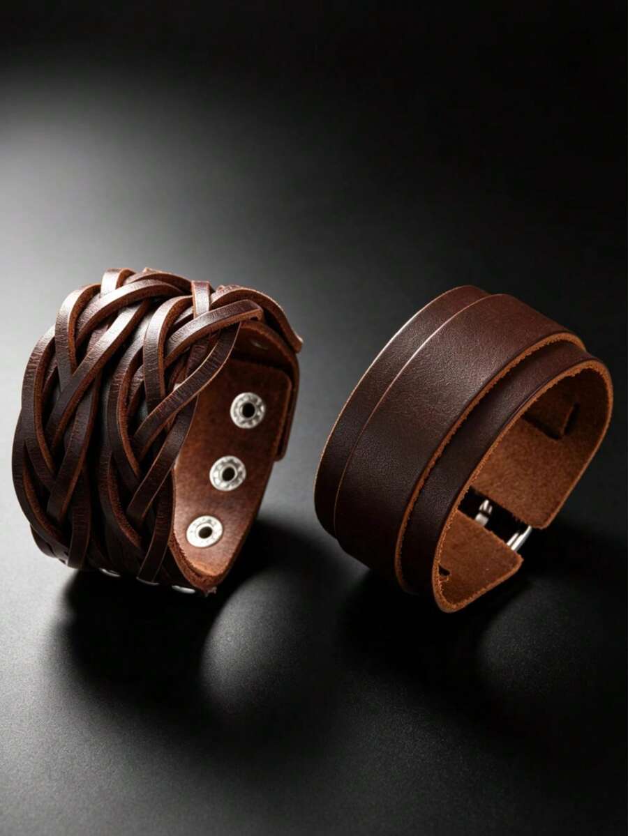 2pcs Vintage Fashion Woven Texture Bracelets, Suitable For Daily Casual Sports Fashion Wear, Unisex, Exquisite Textured Gift For Men And Women - Brown - View 1