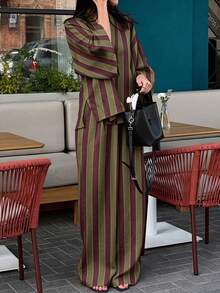 Women's Standard Size Autumn/Winter Similar Color Striped Fabric Cardigan Drop Shoulder Loose Top Casual Commute Set - Multicolor - View 3