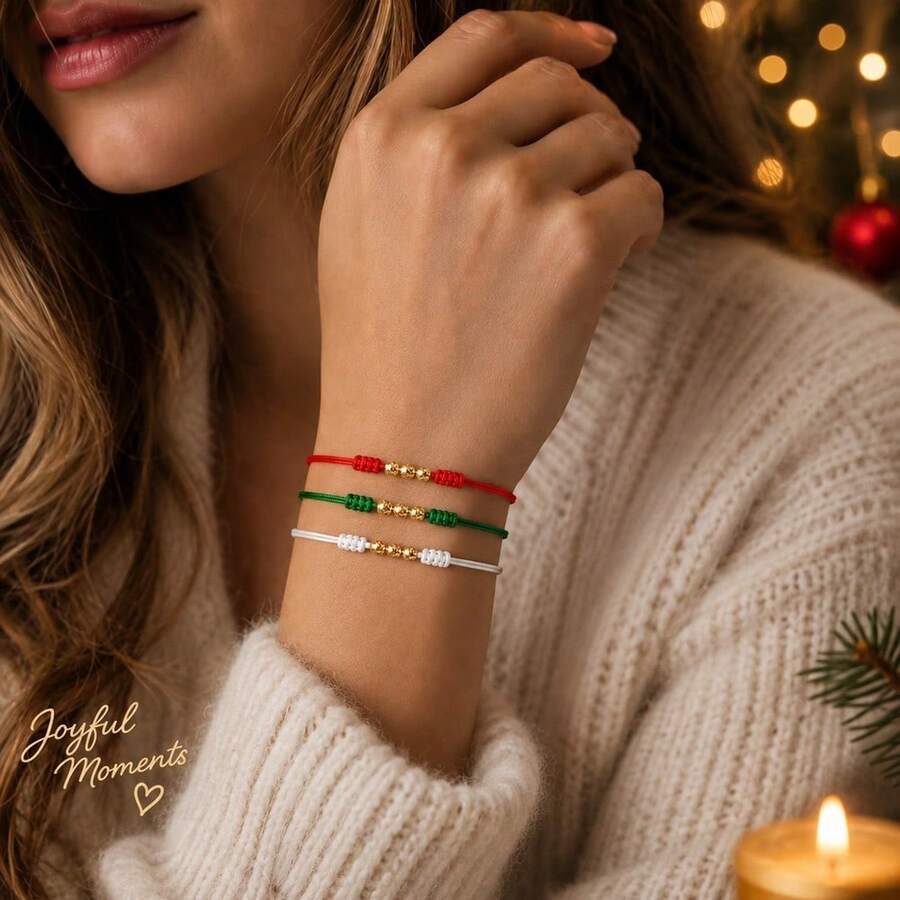 3PCS Minimalist Red Green White Braided Rope Bracelet Set, Adjustable Friendship Bracelet With Gold Beads, Birthday Gift - Multicolor - View 1