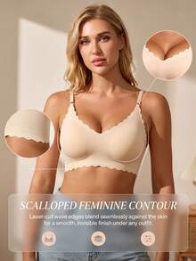 2pcs Women's Wavy Shell Edge Seamless Black/Nude Soft Breathable Wireless Support Comfortable Daily Bra - Multicolor - View 11