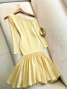 Elegant French Style Solid Color Asymmetrical/Asymmetrical Design Women's Party Dress For Spring And Autumn - Yellow - View 2