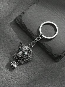 1pc Fashion European And American Retro Personalized Hip Hop Animal Leopard Head Keychain Bag Charm, Suitable For Men's Car Key And Bag Decoration - Antique Silver - View 3