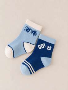 5 Pairs Kids Mid-Calf Socks, Boys Autumn/Winter Sports Style Cartoon Football & Letter Pattern Socks, Blue & White Color, Soft Comfortable Breathable Casual Socks - Multicolor - View 4