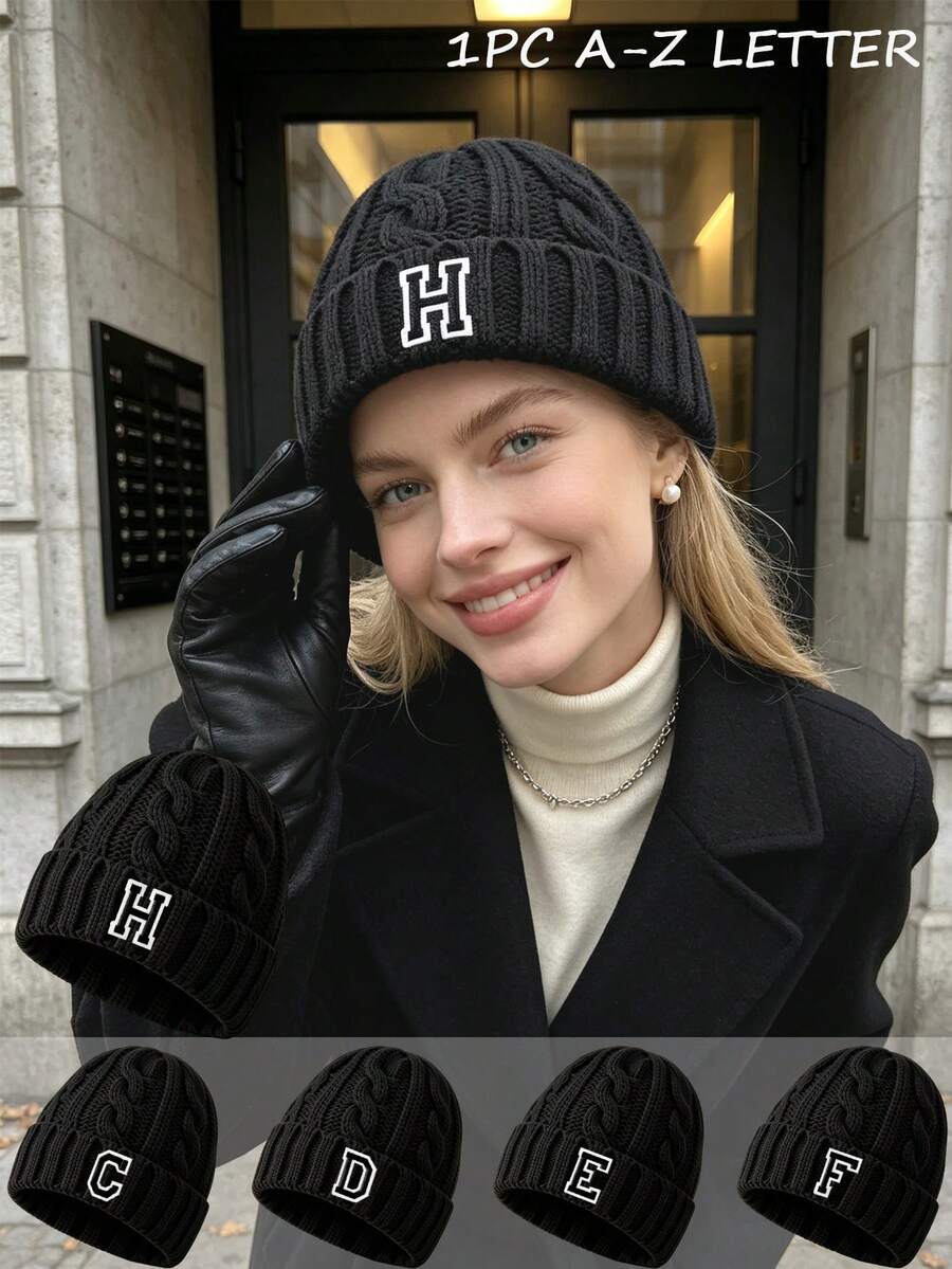 1pc Unisex Black Cuffed Cable Knit Beanie Hat With A‑Z 26 Alphabet , Soft Stretchy Warm Fall Winter Headwear, All‑Match Knitted Cap For City Commutes - Black - View 1