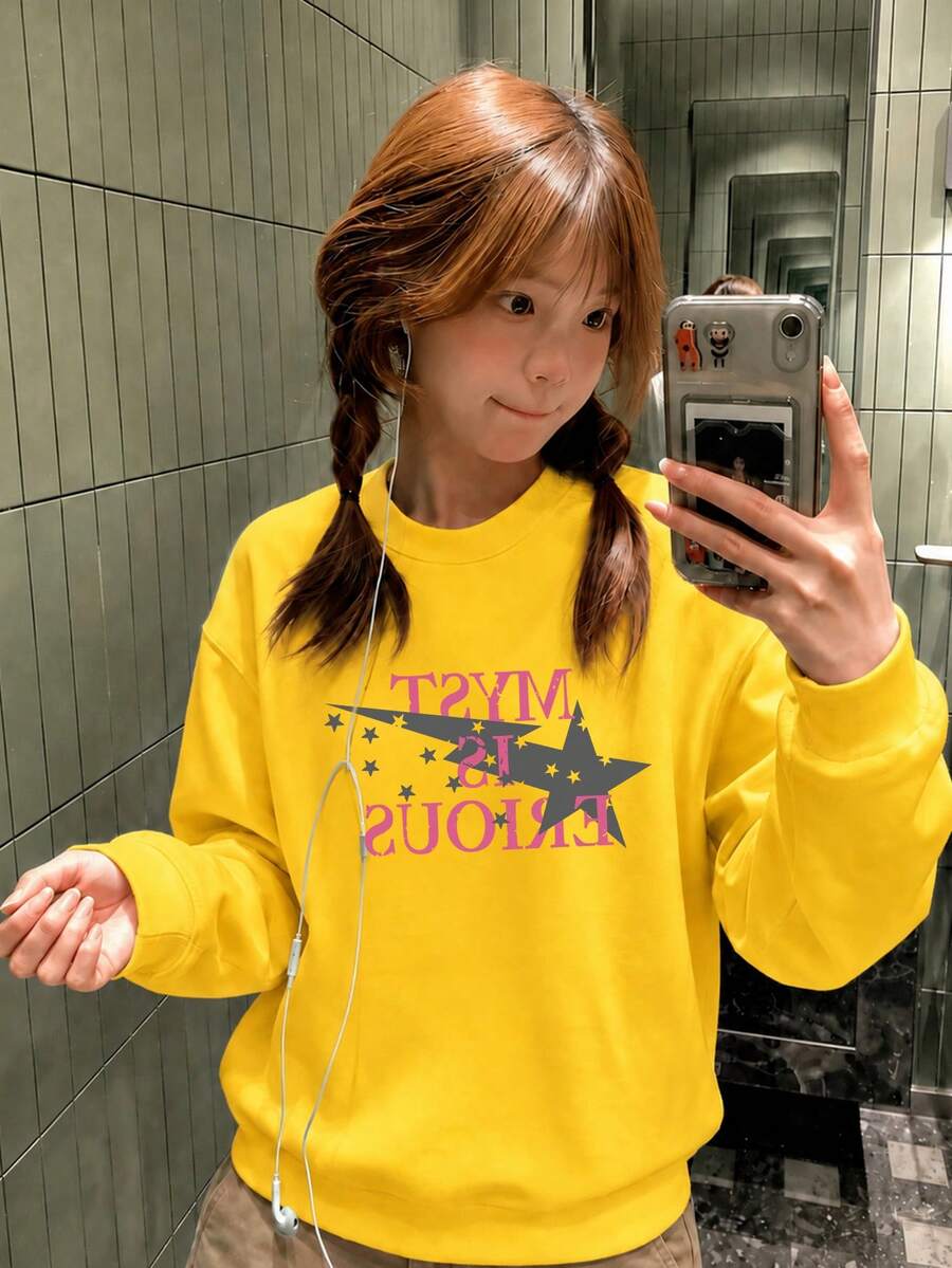 Japanese Style Lazy Star & Letter Print Loose Crew Neck Sweatshirt For Women, Autumn/Winter Casual Versatile Streetwear Top - Yellow - View 1