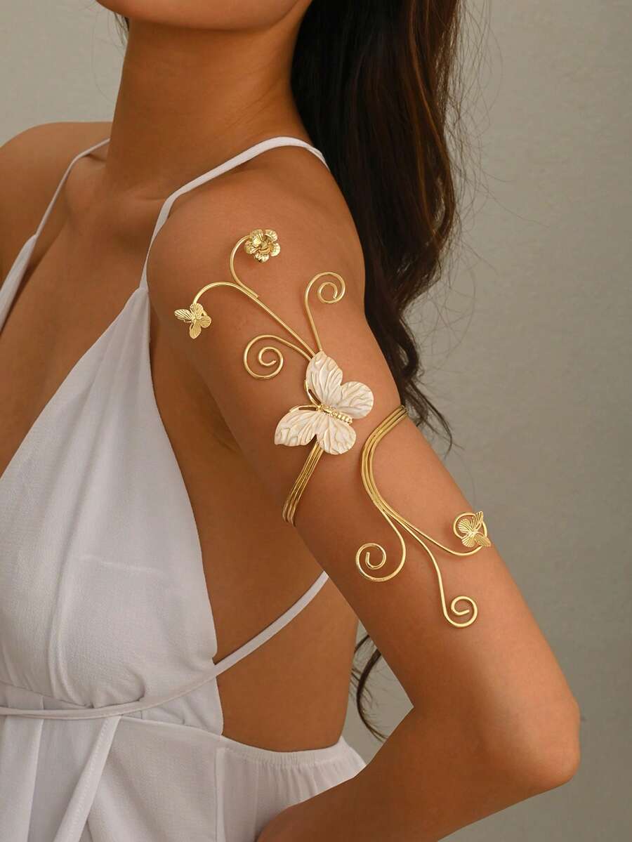 1件時尚個性化拋光音樂符號裝飾金屬手臂環手鍊,女款極簡鏤空幾何開口可調節手臂飾品,適合音樂節、舞會、派對穿搭 - 白色 - 查看 1