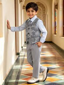 YOKLUN 3pcs Set Young Boys Premium Gentleman Formal Wear Vest + Pants + Tie Suitable For School Performance, Wedding Page Boy, Banquet And Other Occasions - Grey - View 3