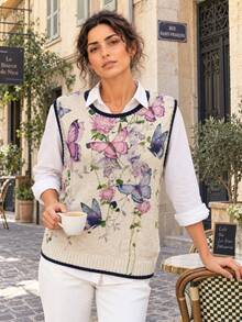 New Spring/Summer Women's Round Neck Sleeveless Tank Top, Butterfly & Floral Print, Colorblock Knit Trim, Suitable For Daily Wear - Blue-purple - View 9