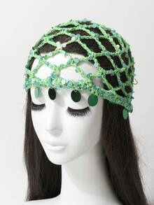 1pc Sequin Mesh Hollow Out Tassel Knit Beanie Hat, Spring Summer Thin Breathable Versatile Fashion Headwear - Knitted Hat - View 2