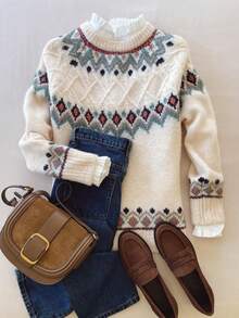 Women's Christmas Vintage Contrast Color Beige Fair Isle Crew Neck Sweater, Ribbed Knit Long Sleeve Pullover, Medium Stretch, Suitable For Autumn/Winter - White - View 3
