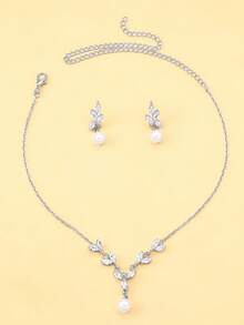 1pc/3pcs Rhinestone Leaf & Faux Pearl Pendant Necklace & Earrings Set For Women, Bridal Wedding Full Rhinestone Jewelry Set, Wedding Dress Accessory - Leaf - View 9