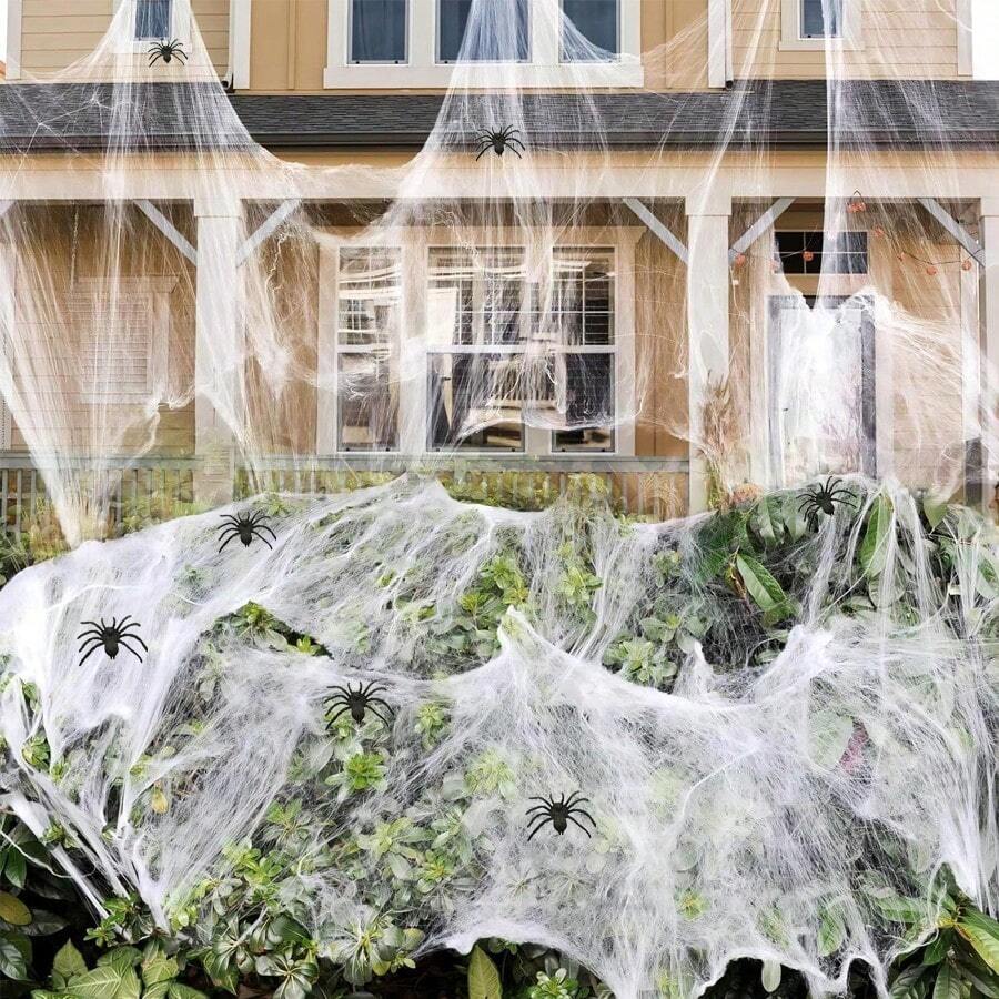 1 Set Soft Spider Web Halloween Decoration, Fake Spider, Super Stretchable Spider Web, Suitable For Halloween Indoor And Outdoor Party Decoration - A - View 1