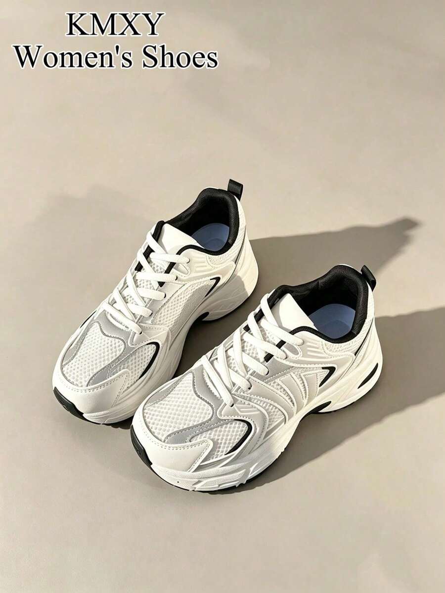 Women's Vintage Round Toe Lace-Up Soft Sole Comfortable Shoes, Casual Versatile Breathable Summer Daily Running Sports Shoes, Solid Color - Black - View 1
