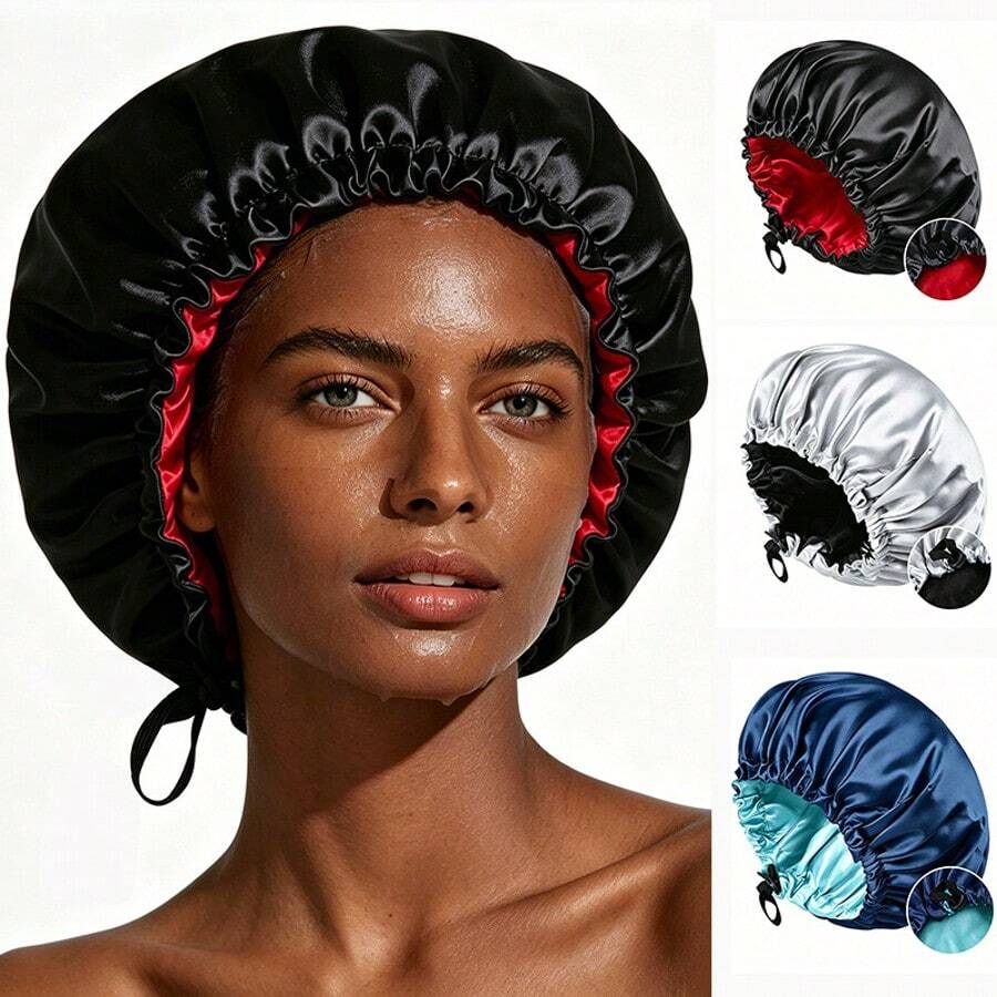 2 buah Topi Tidur Satin dengan Tali Serut yang Dapat Diatur, Topi Pelindung Rambut Dua Lapis Bolak-balik, Topi Tidur Perawatan Rambut Lembut, Aksesori Rambut Rumahan untuk Wanita - Dapat disesuaikan - View 1