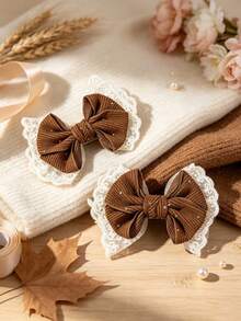 2 buah Jepit Rambut Cokelat, Jepit Rambut Corduroy Warna Solid dengan Pita dan Hiasan Buaya, Dihiasi Rhinestone, Jepit Rambut Pita Elegan, Jepit Rambut Pita Musim Gugur/Musim Dingin, Aksesori Rambut Anak-anak - Coklat - View 1