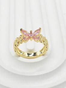 1pc Women's Cute Elegant Pink Butterfly Shaped Gold Plated Ring, Daily Commute, Date Party, Best Birthday Gift - Gold - View 2