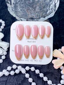 10 Pieces Of Handmade Press On Nails,Fake Nails,Almond Nails,Short Nails,Press On Nails Acrylic,Fall Nails,Pink Cat‑Eye Base With Textured Gold Line French Tip,Reusable Press On Nails For Wedding Dating Daily Party,With Manicure Gift For Women Girls - Watermelon Pink - View 3