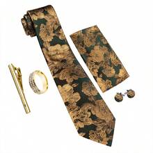 Business Commute Men's Tie 4-Piece Set, Dark Green & Gold Floral Handkerchief, Cufflinks, Gold Tie Clip, Formal Suit Matching - Multicolor - View 2