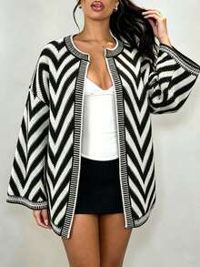 Plus Size Casual Fashion Black & White Striped Belted Long Sleeve Cardigan Sweater - Black and White - View 7
