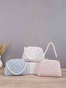 1pc Women's Pastel Tweed Evening Bag With Pearl Top Handle & Detachable Chain Strap, Elegant Mini Handbag For Party, Wedding & Date - White - View 3
