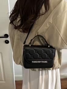 Women's Hexagon Quilted Crossbody Bag, FOREVER YOUNG Letter Embroidery Handbag Shoulder Bag, PU Leather Detachable Strap Handbag, Suitable For Daily Commute - Black - View 3